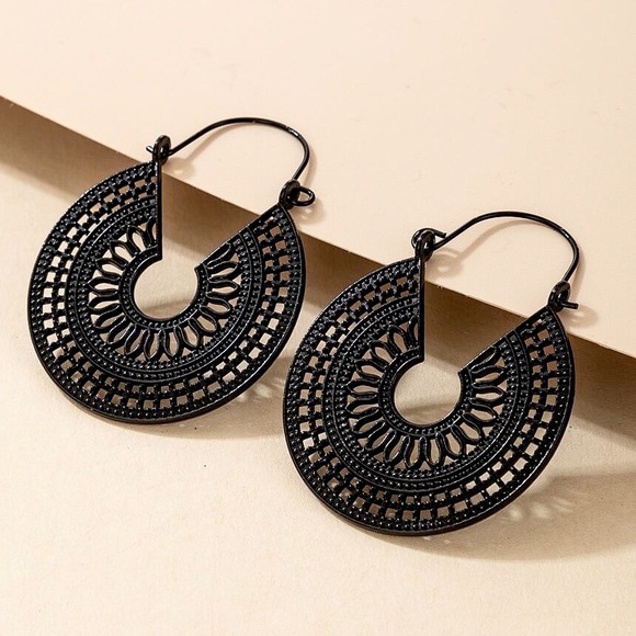 Any 2/$20! Black Boho Openwork Disc Ear Wire Top Earrings - Picture 3 of 7